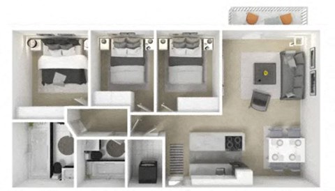 Floor plan for 3 beds, 2 baths, 1124 sqft